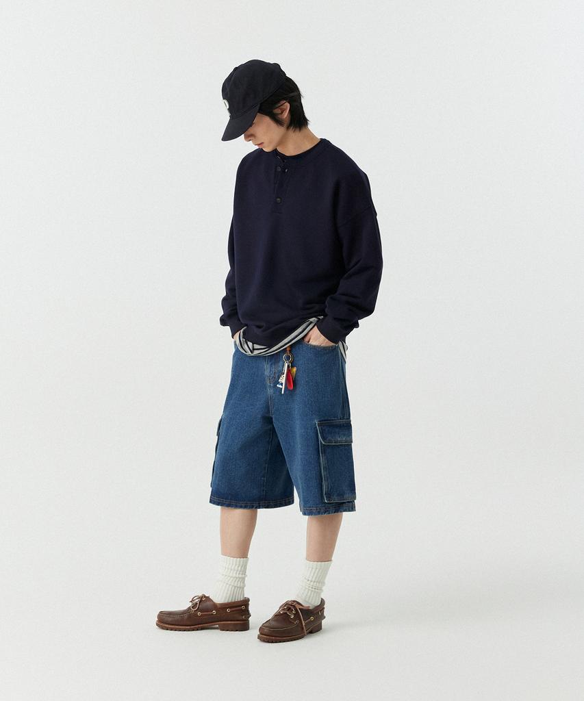 STENDS [M~4XL] Свитшот с воротником-хенли полуприлегающего силуэта_Темно-синий
