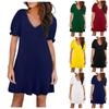 Women's Summer Fashion Solid Color V-neck Petal Sleeve Short Sleeve Pocket Dress