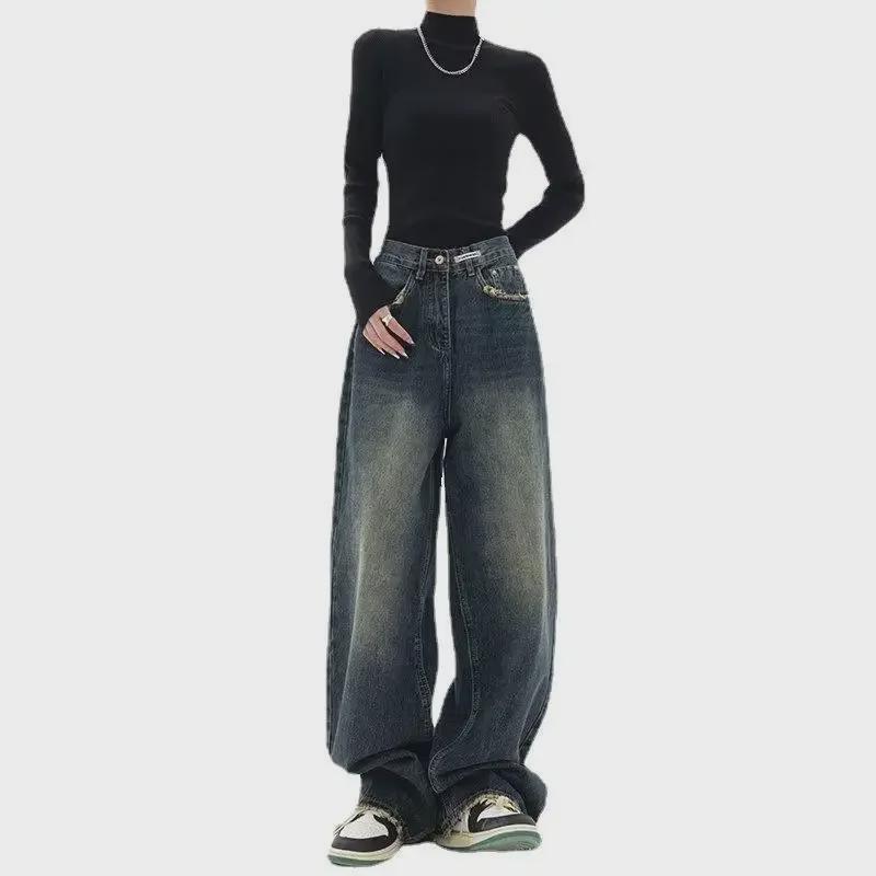 Женские узкие прямые джинсы с высокой талией и широкими штанинами в стиле ретро - Коллекция Весна/Лето
