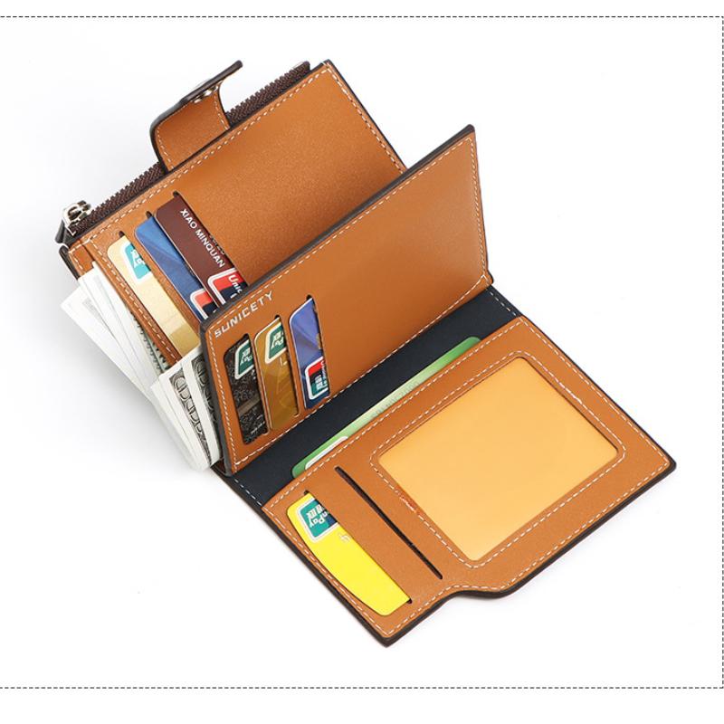 Освежающий мужской кожаный короткий двойной кошелек с защитой от кражи, многофункциональный держатель для карт с застежкой-молнией RFID