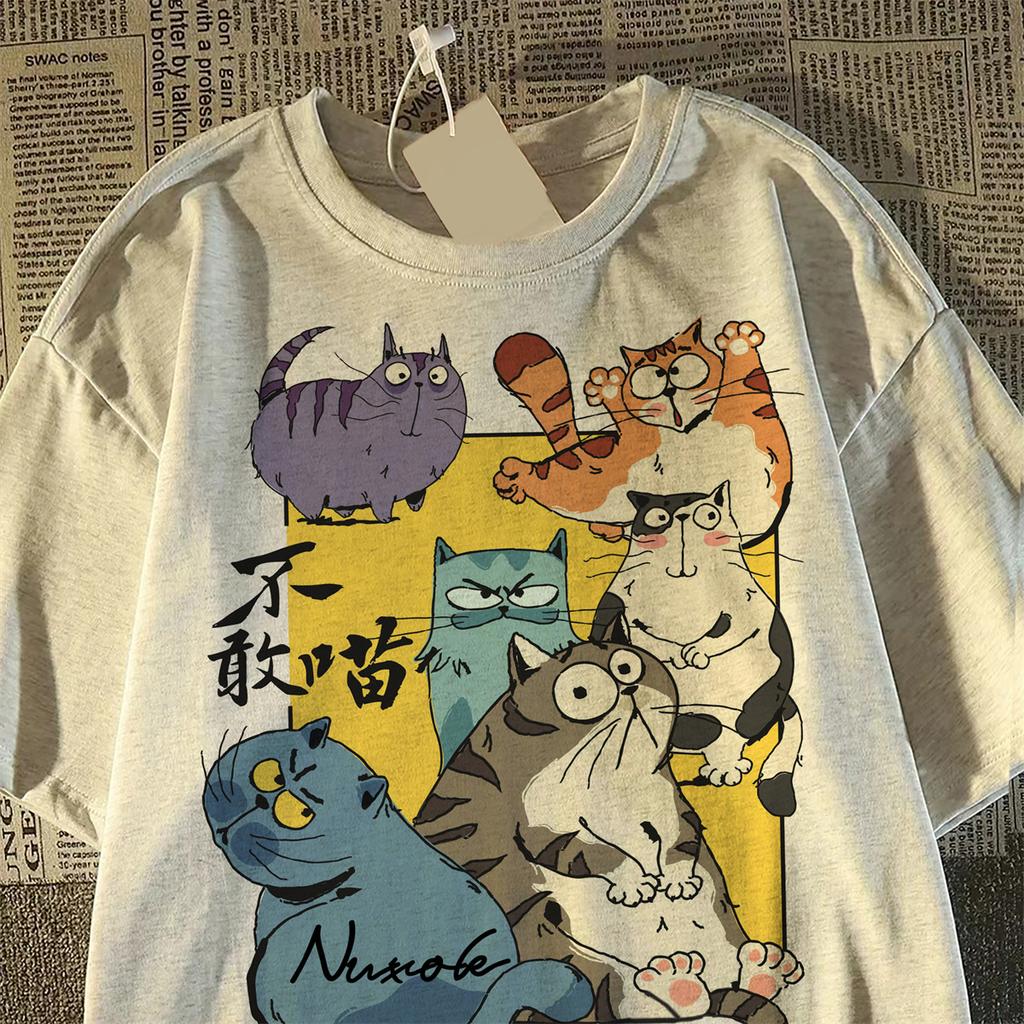 Футболка из чистого хлопка Летняя забавная футболка с принтом мультяшного кота Женская одежда Harajuku повседневная футболка большого размера черная белая Y2k Топы УНИСЕКС уличная одежда