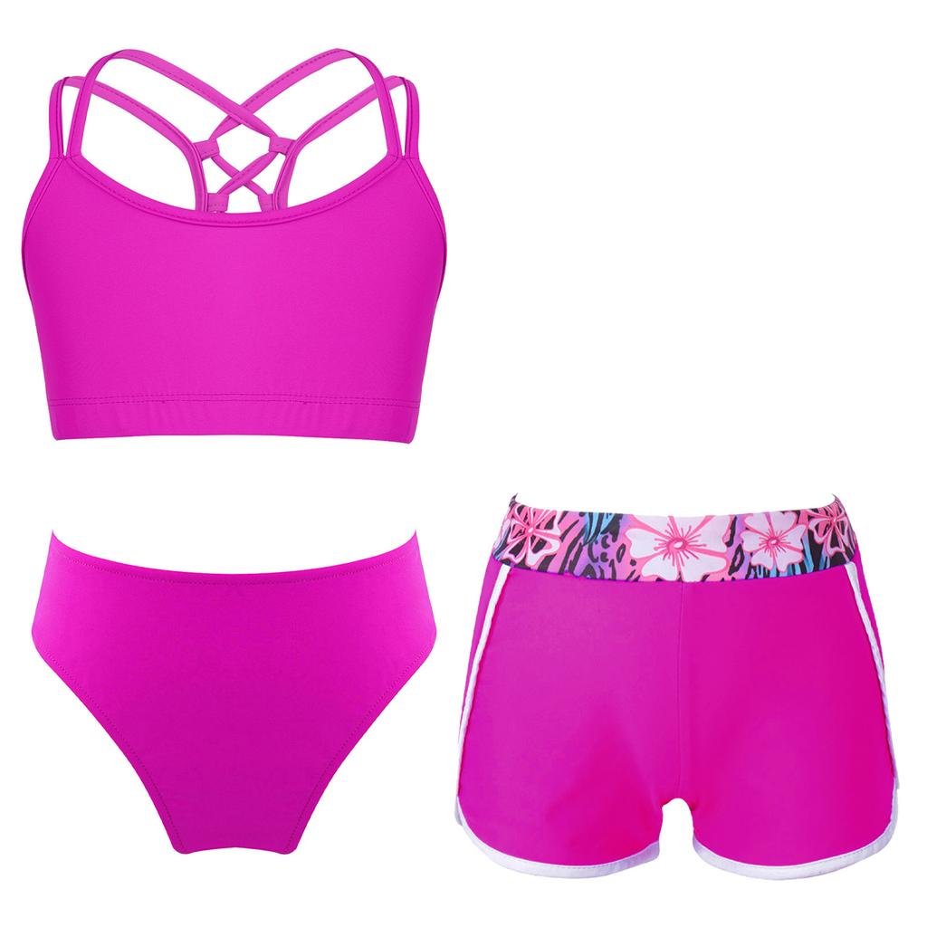 Girls 2 Piece Swim Set Strappy Back Crop Top Elastic Briefs Swim Shorts Beach Pool Sun Outfit