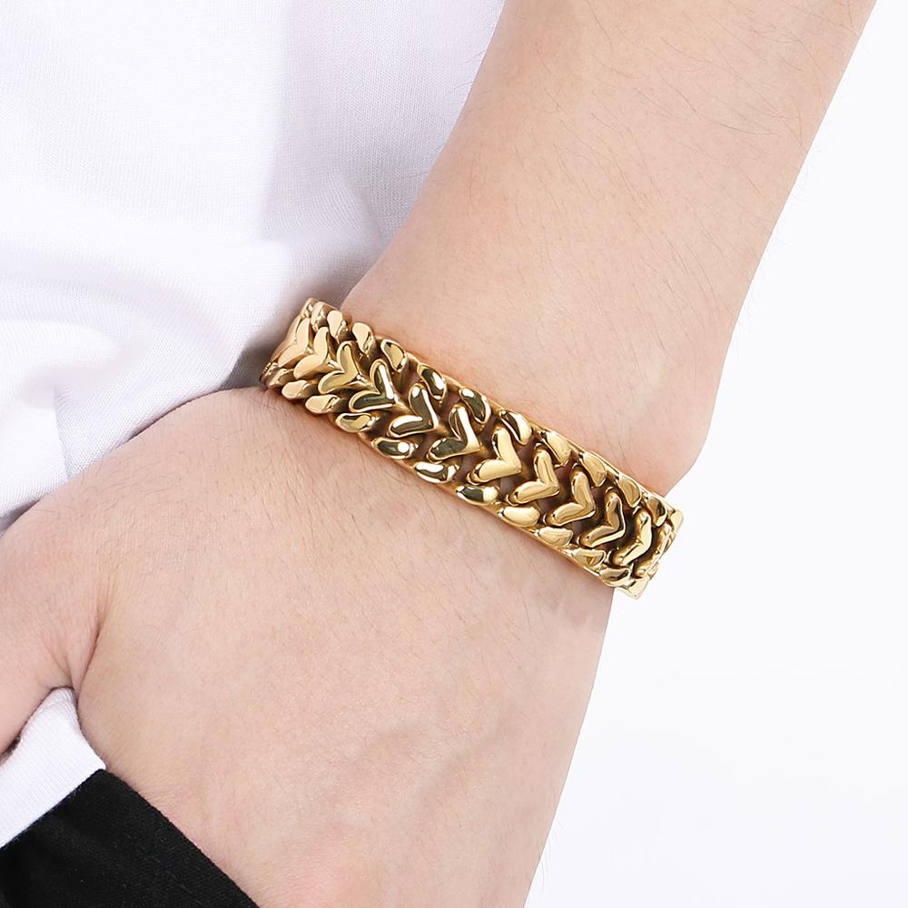 Man Bracelets for Men Gold Color Stainless Steel 16MM Width Heart Shape Chain Bracelet Men's On Hand Wrist Jewelry Accessories