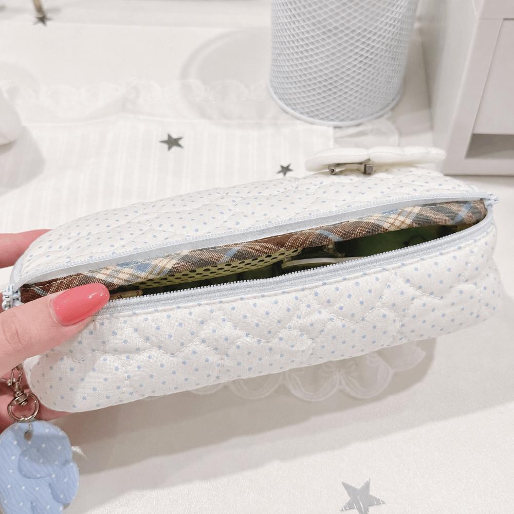 Quilted Pencil Case Heart Double Zipper Pencil Pouch Durable Stationery Pouch Students