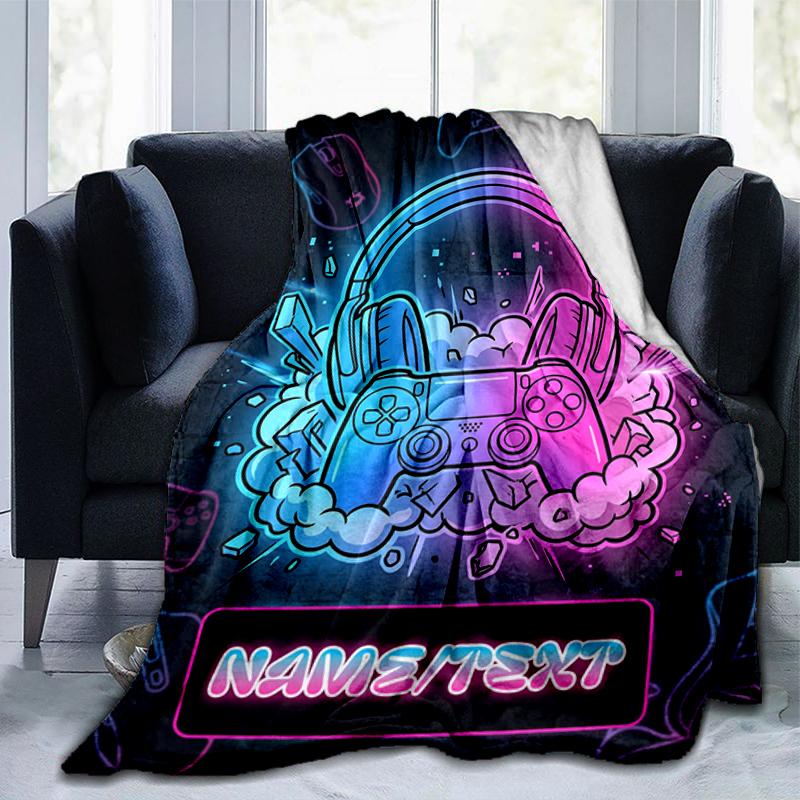 1PC Custom Name Gamer Neon Vibes flannel blanket versatile,all-season throw suitable for the living room,bedroom,camping,travel,and gift