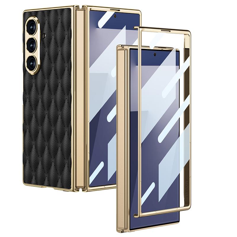 Чехол для мобильного телефона Samsung Zfold7 Гальванизированный Однотонный Кожаный Чехол-пленка Интегрированная Защитная Крышка из Овчины с Алмазным Узором