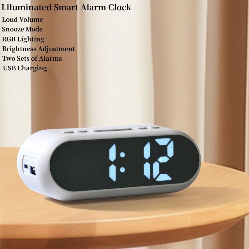 USB Rechargeable LED Alarm Clock Temperature Date RGB Luminous Digital Clock Voice Control 12/24H Electronic Snooze Clock