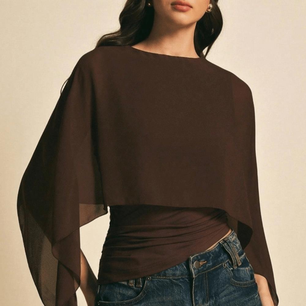 Ruched Waist Irregular T-Shirt Slim Fit Batwing Sleeve Top False Two-Piece Tops Casual Daily