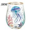 Colorful Butterfly Glassware Hand Painted Glass Tumbler, Egg Shaped Cup with Gold Rim, Clear Lead-Free Safe Drinking Mug for Tea Coffee Wine