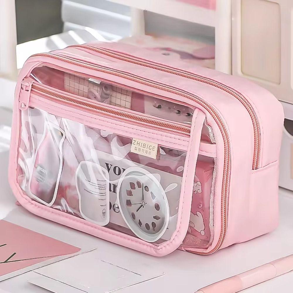 Zipper Transparent Pen Bag Multi-layer Stationery Box Personality Transparent Pencil case Children