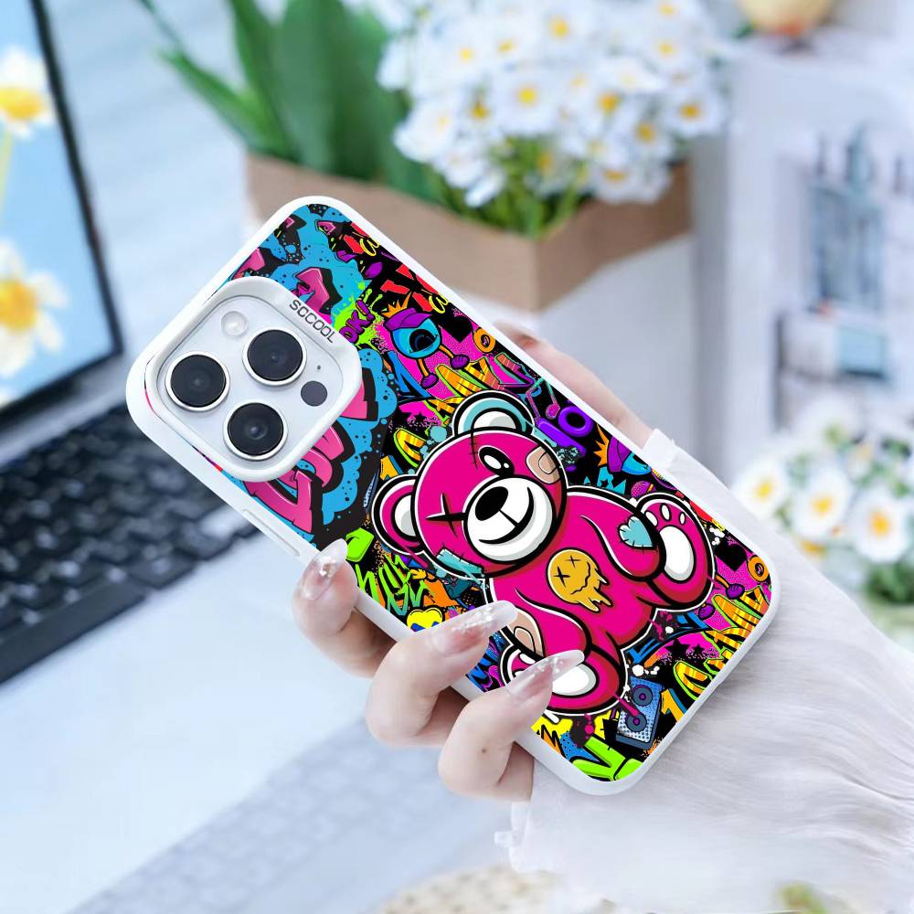 ГОРЯЧИЙ Красочный Граффити Медведь Чехол Для Телефона Для iPhone 16,15,14,13,12,17,Pro,MAX белый Матовый Ударопрочный Чехол