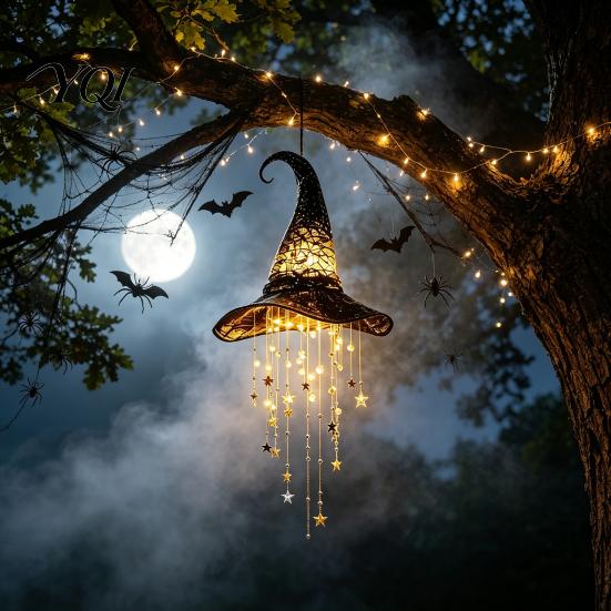 Yard Patio Halloween Decor Lighted Witch Hat Hanging Chime, LED Glowing Wizard with Immersive Visual Effects Swinging Star Tassels, Indoor Outdoor