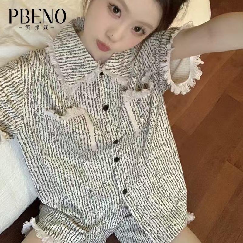 Paibangnu Summer Simple Black and White Texture Cardigan Shorts Women's Pajama Set