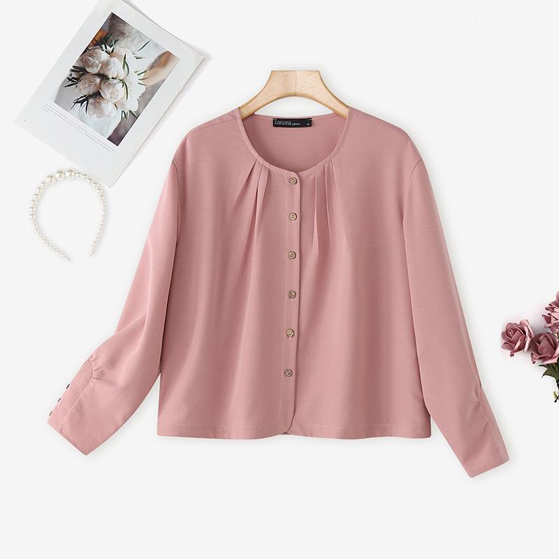 ZANZEA Женская повседневная блузка с круглым вырезом, однотонная, с длинным рукавом, свободного кроя
