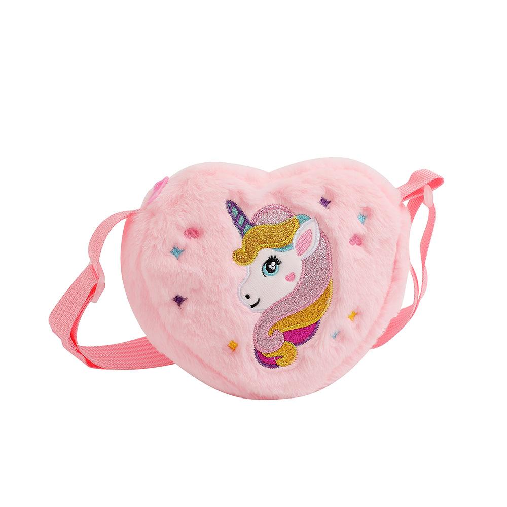 Children's Heart Shaped Shoulder Bag Unicorn Cartoon Plush Love Crossbody Bag Kindergarten Girls' Candy Storage Bag