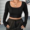 Women's Square Collar Long Sleeve T-shirt Slim-fit Black Short Top Comfortable and Breathable Backless Top Stylish Causal Commute Plus Size Base Top