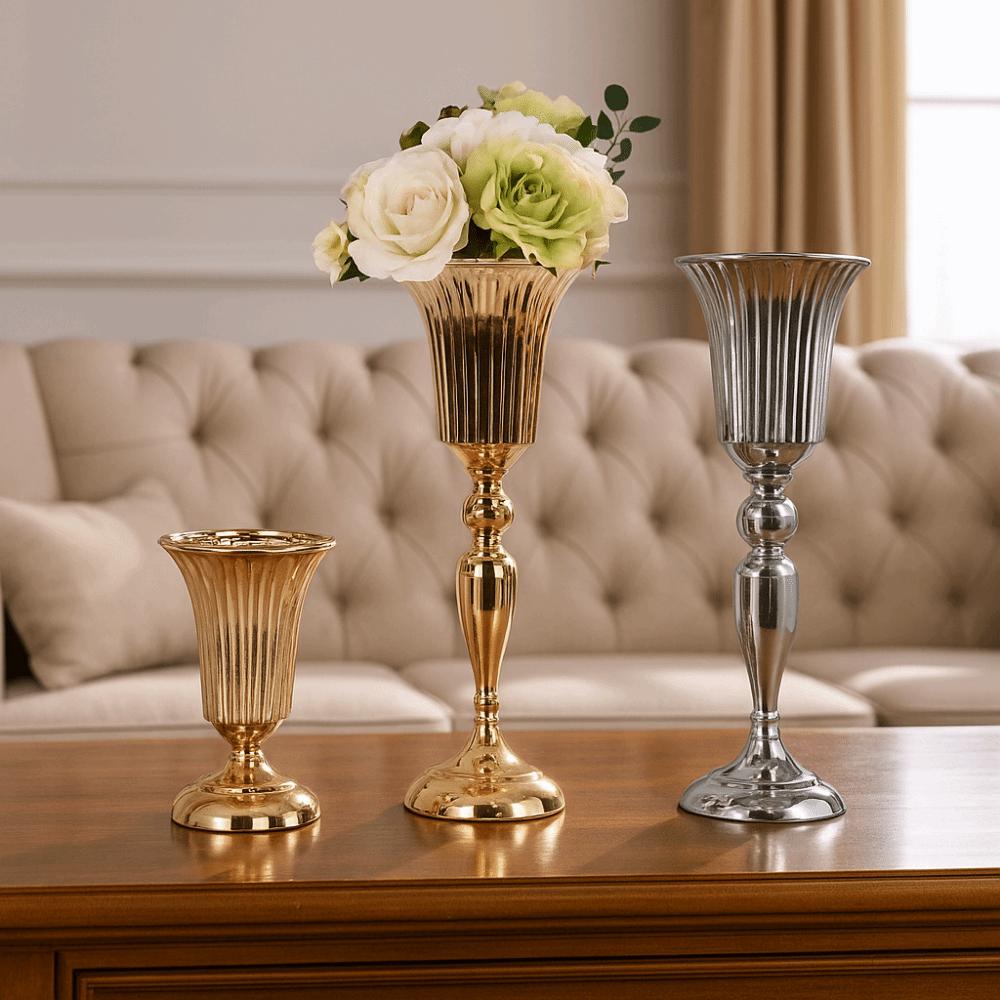 European Style Wedding Flower Vase Golden Dried Flower Pot Metal Trumpet Vases Living Room
