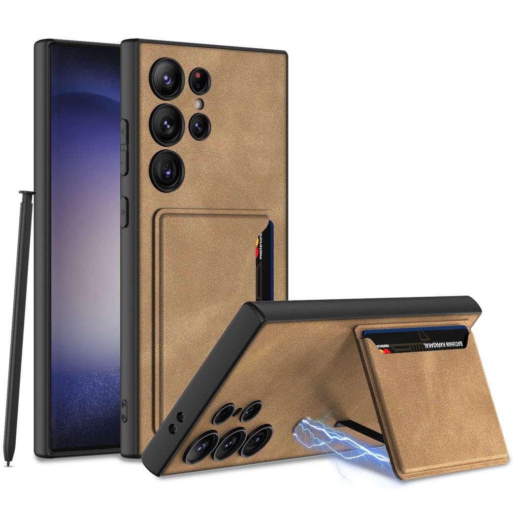 Чехол для Samsung Galaxy S24 Ultra, ультратонкий матовый простой кожаный чехол для карт, магнитный складной держатель, кронштейн, противоударная задняя крышка