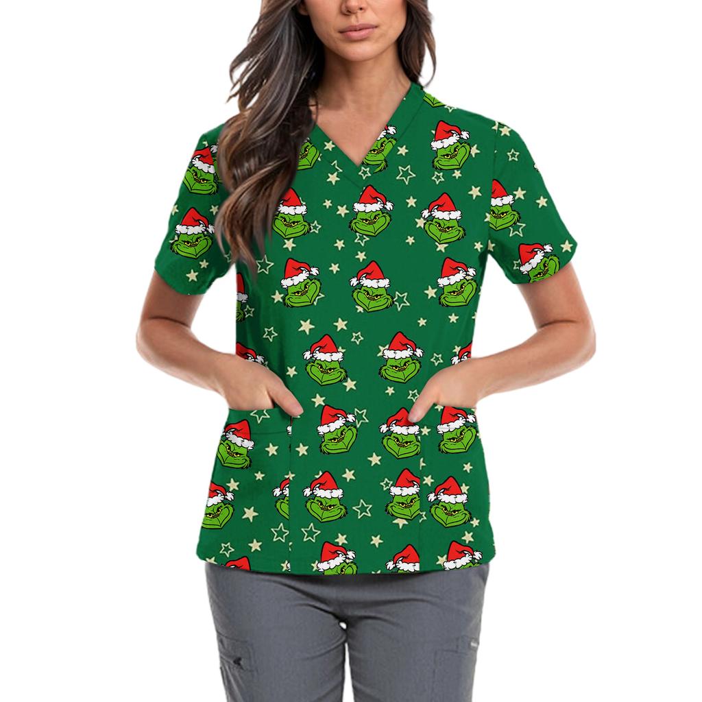 Женская милая блузка с принтом бантиков, рабочая одежда, V-образный вырез, двойной слой, карманы, базовая, с коротким рукавом, пуловер