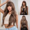 European and American Style Women's Long Wavy Wig with Blunt Bangs Ladies Front Lace Heat Resistant Gradient Brown Synthetic Fiber Wigs