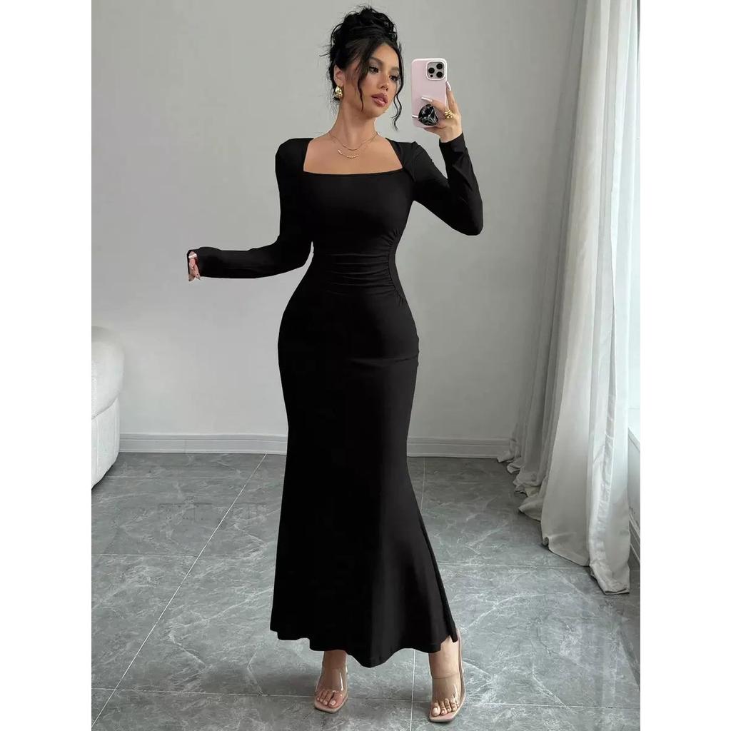Элегантное женское модное облегающее сексуальное платье-русалка с длинным рукавом, полной длины, до щиколотки, с обычной талией