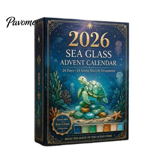 Christmas Room Decoration Sea Glass Marine Life Advent Calendar, 24 Day Countdown Box Festive Desktop Ornaments with Ocean Animal Acrylic Ornaments,