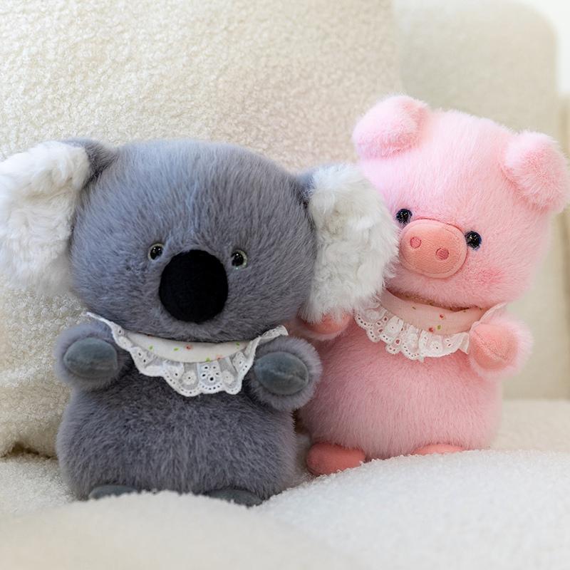 18cm Cartoon Lace Bib Animal Plush Toy Stuffed Pink Pig Koala Penguin Bear Raccoon Companion Friend Gift