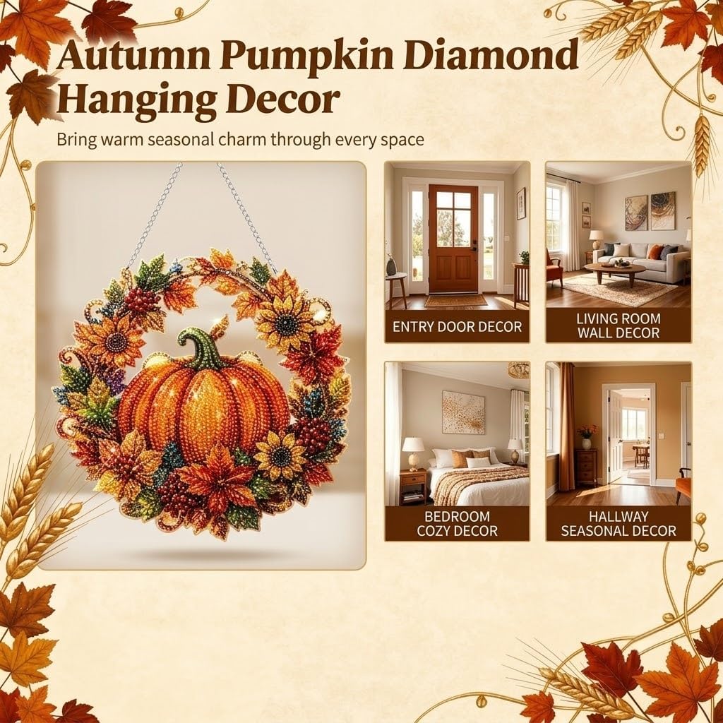 DIY Autumn Harvest Fall Pumpkin Sunflower Diamond Painting Hanging Sign Ornament Kit Acrylic Window Wall Hanging Decor for Home Garden Thanksgiving
