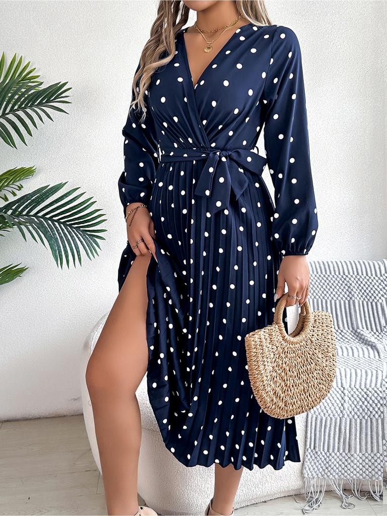 V Neck Printed Overlapping Dress Waist Hugging  Elegant Pleats Wave Point Dress for Women Long Sleeve Loose Dresses Causal Dress