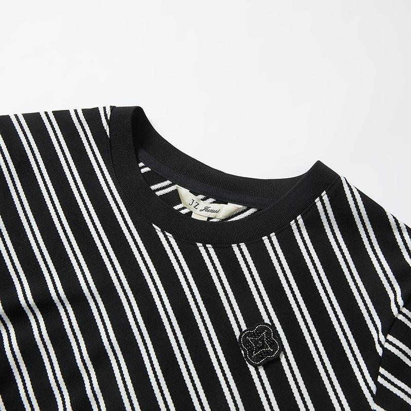JUZUI fashion striped waist pleated round neck short sleeved T-shirt for women's summer collection