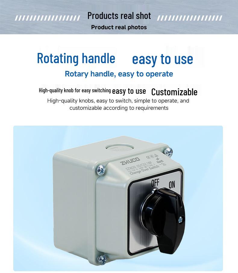 Zhuochao SZW26-20/C02.1BF Rotary Switch: Universal, Two Gears, Protective Box, ON/OFF.