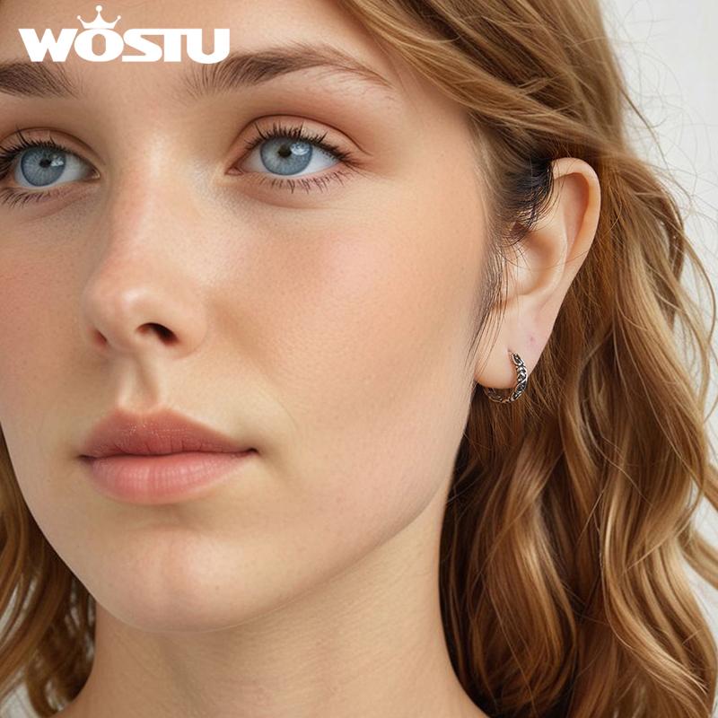 WOSTU 925 Sterling Silver Vintage Pattern Hoop Earrings Women Classicial Round Wedding Party Earring Pendientes Anniversary Gift