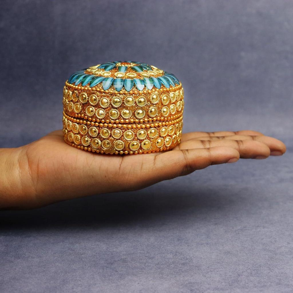 Putrika Traditional Haldi Multicolor Stone kumkum Box|Puja Worship|Navratri Gift| Diwali Gift|