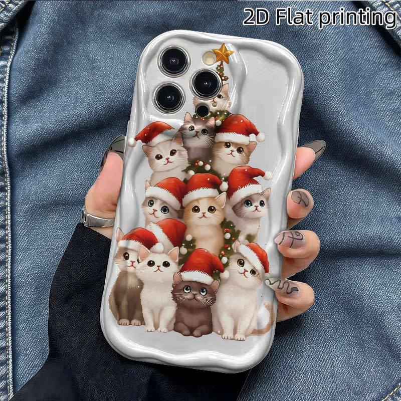 Милый Рождественский Кото-Дерево Чехол для Телефона для iPhone 17 16 15 14 13 12 11 Pro Max, Волнистый Кремово-Белый Мягкий ТПУ Защитный Чехол
