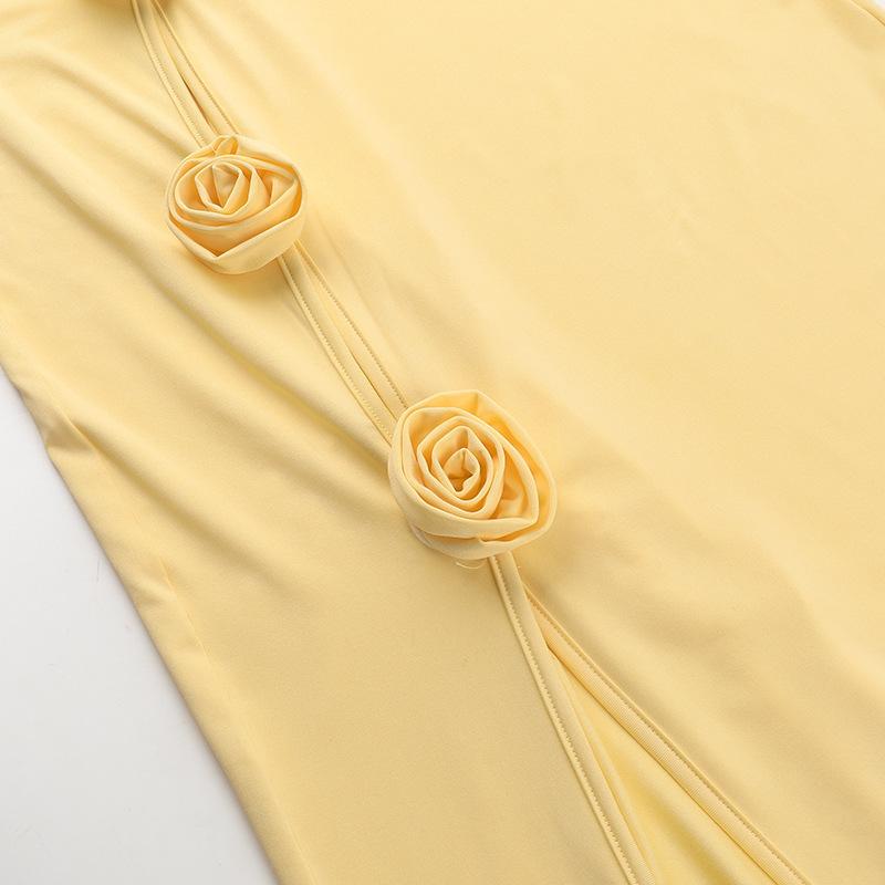 Весеннее женское модное платье с косым плечом, одним рукавом, ажурной розой, высоким разрезом