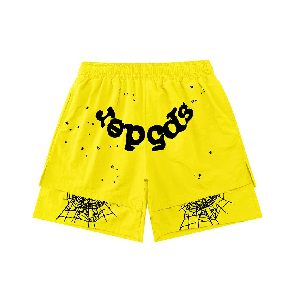 Cross-border European and American trendy brand sp5de spider web letter fake two-piece casual shorts men's and women's high street sports 