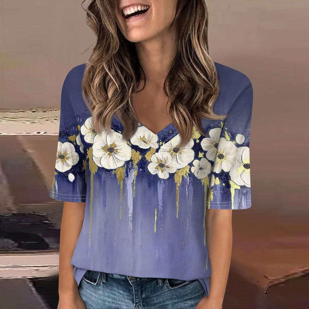 Shirts For Women Trendy V Neck T Shirts Casual Printed Summer Tees T Shirt Blouse Half Sleeve Tops For Women