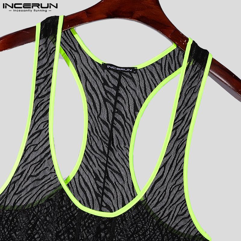 INCERUN Men Sleeveless Patchwork Lace See Through Mesh Playsuit Jumpsuits