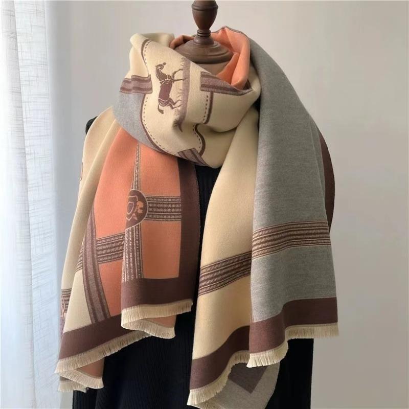 Korean Style Contrast Color Imitation Cashmere Plaid Scarf Women's New Winter Warm Fashion Chain Scarf Fleece-lined All-match Shawl
