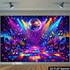 2D flat disco music background  mirrored ball and rainbow dance floor elements  balanced note decoration