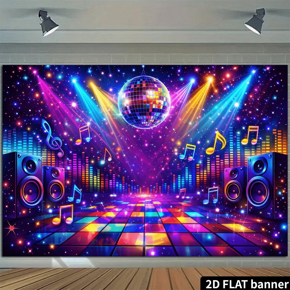 2D flat disco music background mirrored ball and rainbow dance floor elements balanced note decoration