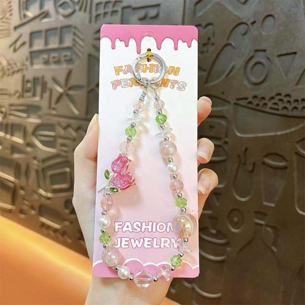 Pearl Cell Phone Chain Tulip Flower Mobile Phone Lanyard Crystal Bead Phone Strap New Year Gift