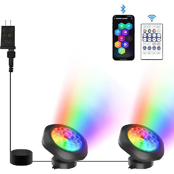 RGBW Pond Lights with Timer, 18 LED Super Bright Underwater Submersible Fountain Lights Color Changing Spotlights, Remote Control IP68 Waterproof for