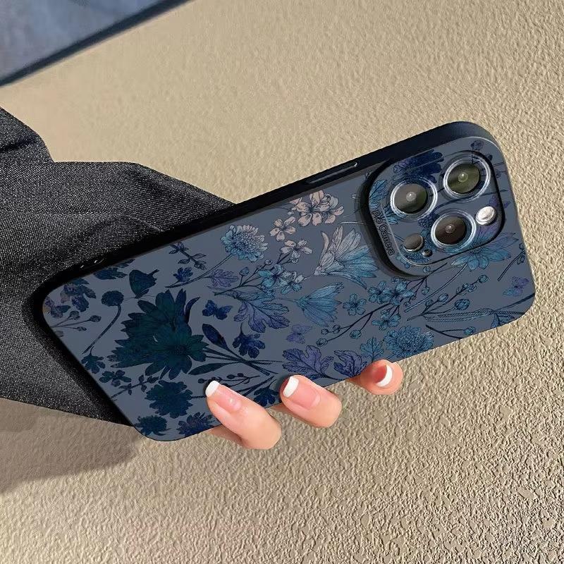 Gray Base Blue-Purple Floral Phone Case For iPhone 17 Cases iPhone Air 17 Air 16E 16 15 Pro Max 14 13 12 11 X XR 14 Plus Cover