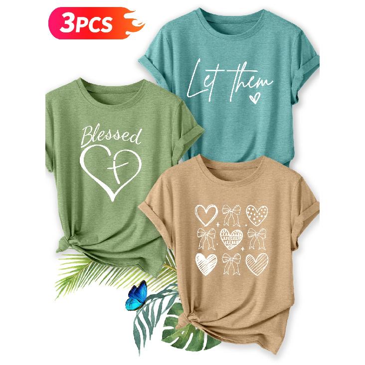 Three-piece set Elegant short-sleeved dress for women Christian Faith Love Print Crew Neck T Shirt Suitable for spring