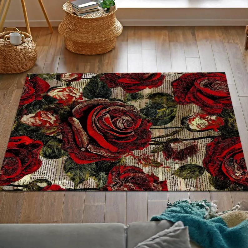 Green Flowers Rug Colorful Boho Decor Living Room Bedroom Rug Home Decoration Retro Carpet