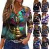 Женская футболка с принтом карнавальной маски и V-образным вырезом, повседневная, с рукавами 3/4, на пуговицах
