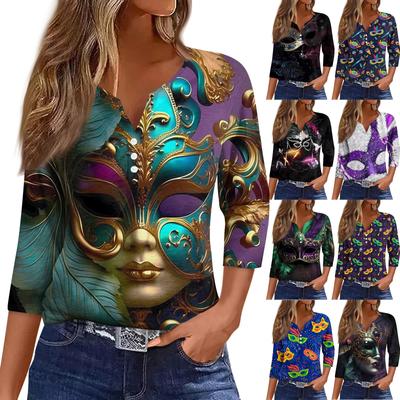 Женская футболка с принтом карнавальной маски и V-образным вырезом, повседневная, с рукавами 3/4, на пуговицах