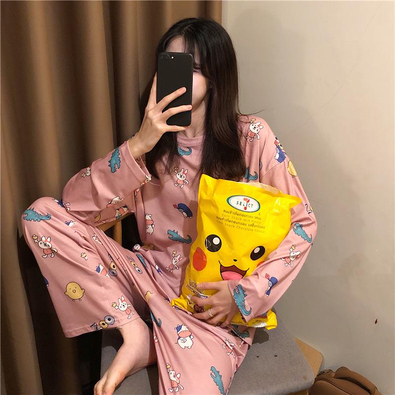 Женский мультяшный пижамный комплект - Рубашка с длинным рукавом и брюки, Домашняя одежда для маленьких студенток на весну и осень