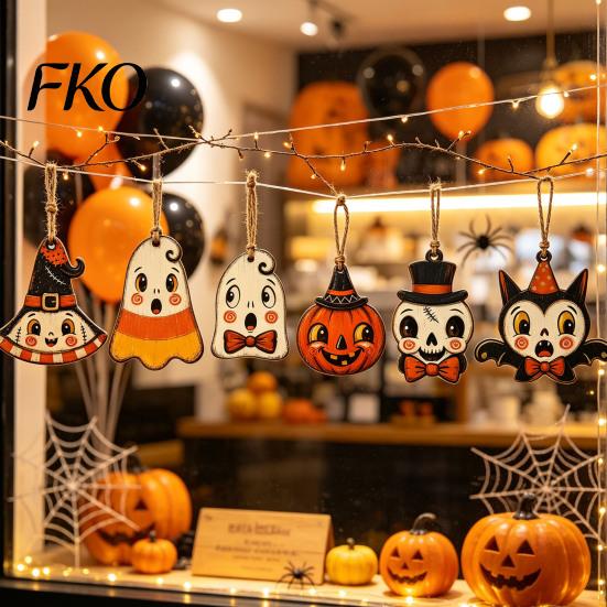 Vintage Cartoon Halloween Set Wooden Hanging Decor, Ghost Black Cat Pumpkin Owl Ornament, Rustic Mummy And Ornaments Wall Decor Gift Tags for